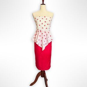 Vintage Handmade Red & White Strapless Peplum Tube Dress, XS OOAK